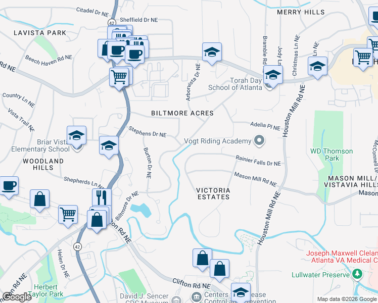 map of restaurants, bars, coffee shops, grocery stores, and more near 1488 Rainier Falls Drive Northeast in Atlanta