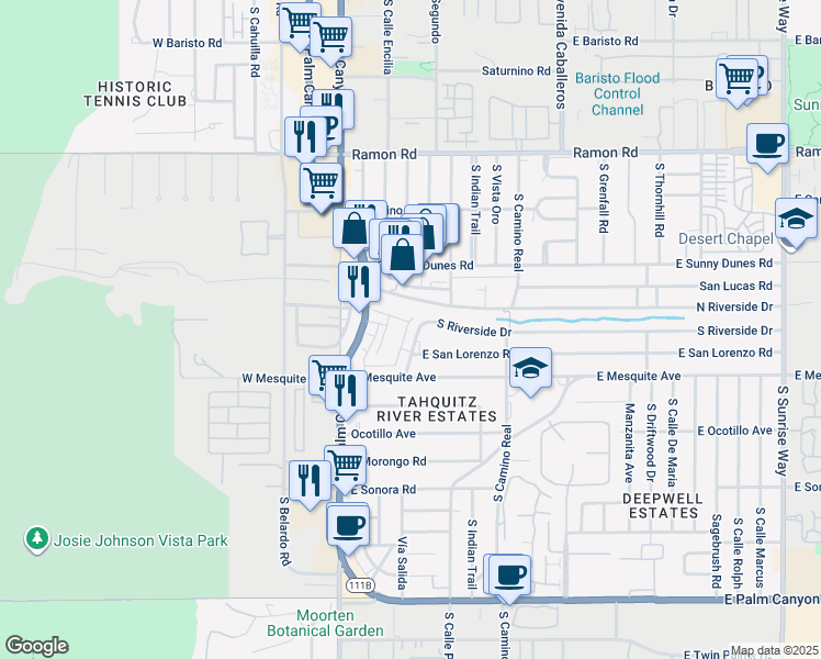 map of restaurants, bars, coffee shops, grocery stores, and more near 907 Random Road in Palm Springs