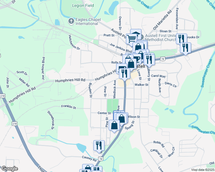 map of restaurants, bars, coffee shops, grocery stores, and more near 2949 Jefferson Street in Austell