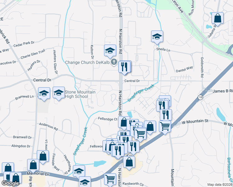 map of restaurants, bars, coffee shops, grocery stores, and more near 4701 Mariners Drive in Stone Mountain