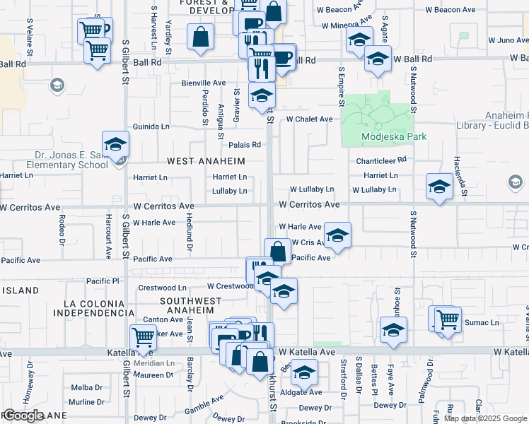 map of restaurants, bars, coffee shops, grocery stores, and more near 10511 Brookhurst Street in Anaheim