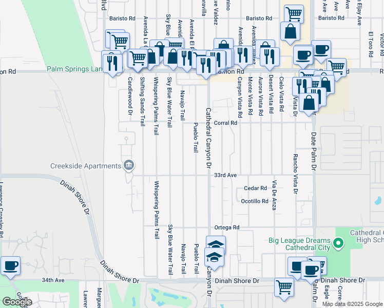 map of restaurants, bars, coffee shops, grocery stores, and more near 32791 Pueblo Trail in Cathedral City