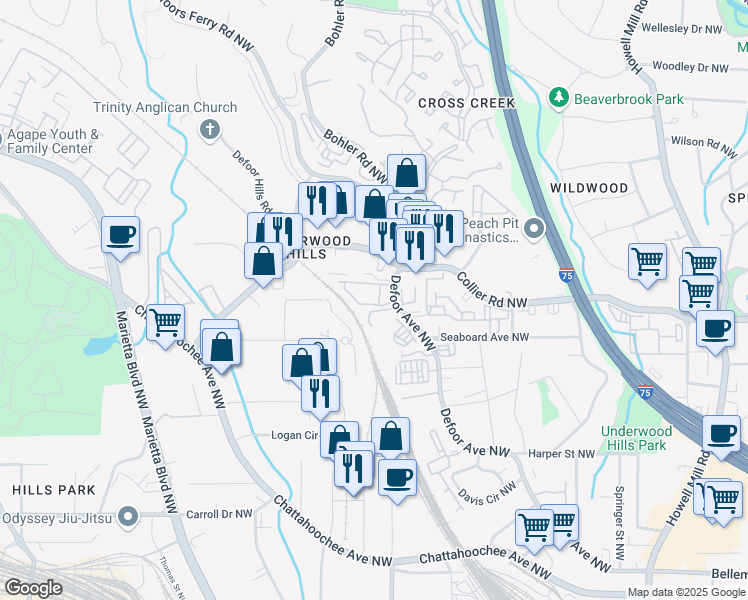 map of restaurants, bars, coffee shops, grocery stores, and more near 1234 Defoor Village Court Northwest in Atlanta