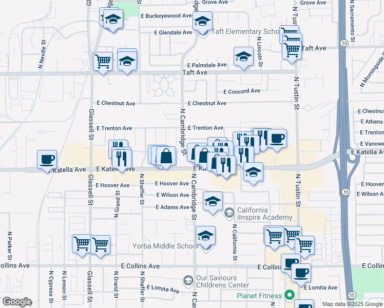map of restaurants, bars, coffee shops, grocery stores, and more near 932 East Carleton Avenue in Orange