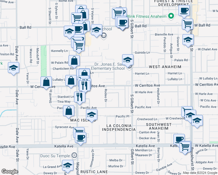 map of restaurants, bars, coffee shops, grocery stores, and more near 9272 Cerritos Avenue in Anaheim