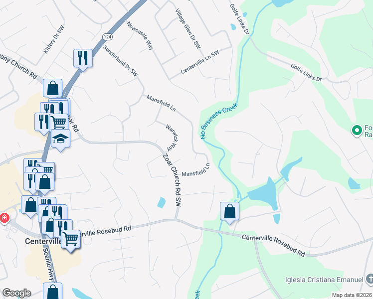map of restaurants, bars, coffee shops, grocery stores, and more near 3499 Mansfield Lane in Snellville