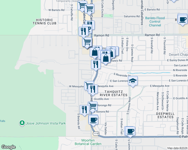 map of restaurants, bars, coffee shops, grocery stores, and more near 718 Obsidian Loop East in Palm Springs