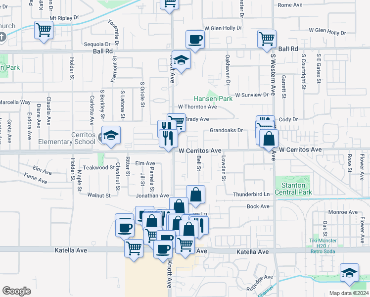 map of restaurants, bars, coffee shops, grocery stores, and more near 7053 West Cerritos Avenue in Stanton