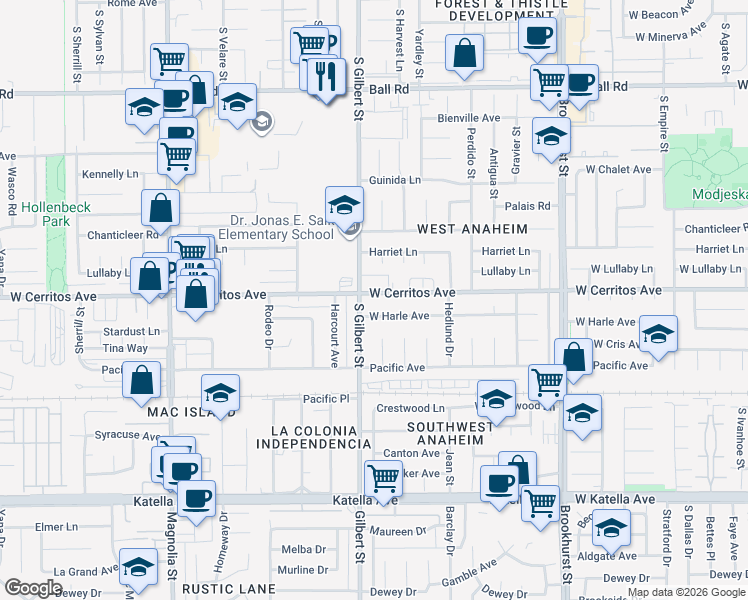 map of restaurants, bars, coffee shops, grocery stores, and more near 9522 Cerritos Avenue in Anaheim