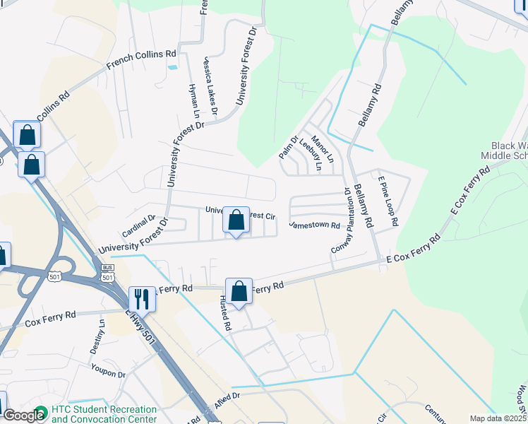 map of restaurants, bars, coffee shops, grocery stores, and more near 757 University Forest Circle in Conway