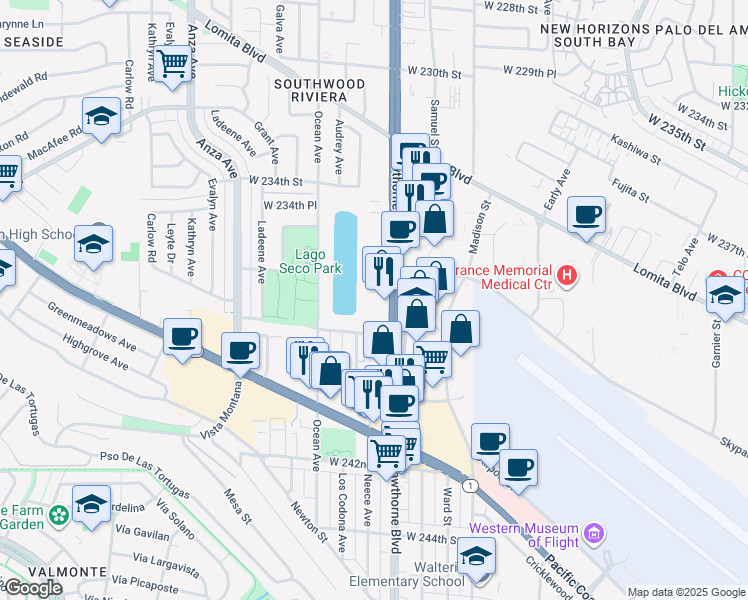 map of restaurants, bars, coffee shops, grocery stores, and more near in Torrance