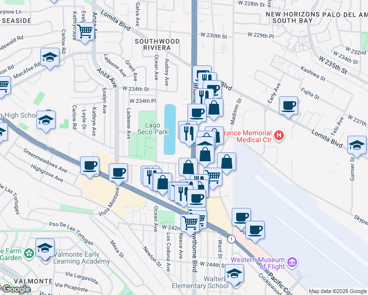 map of restaurants, bars, coffee shops, grocery stores, and more near in Torrance