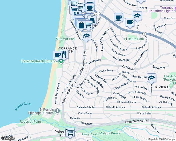 map of restaurants, bars, coffee shops, grocery stores, and more near 431 Camino de las Colinas in Redondo Beach