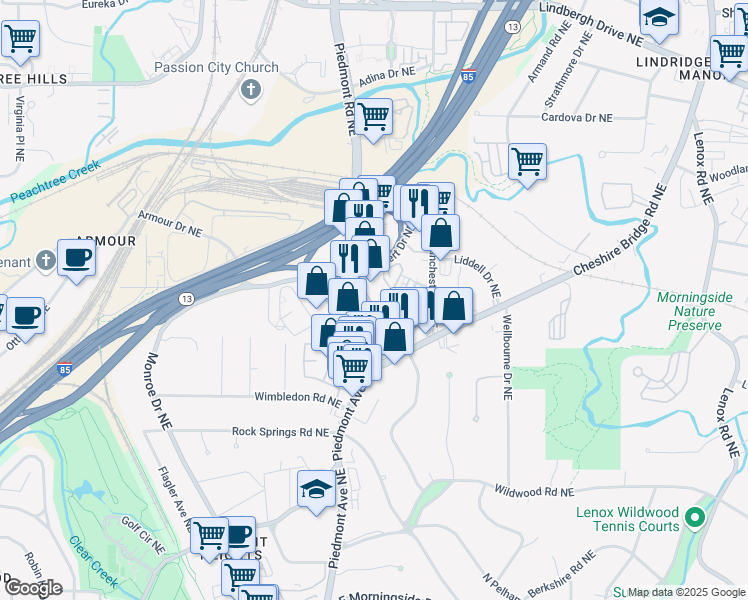 map of restaurants, bars, coffee shops, grocery stores, and more near 1907B Piedmont Road Northeast in Atlanta