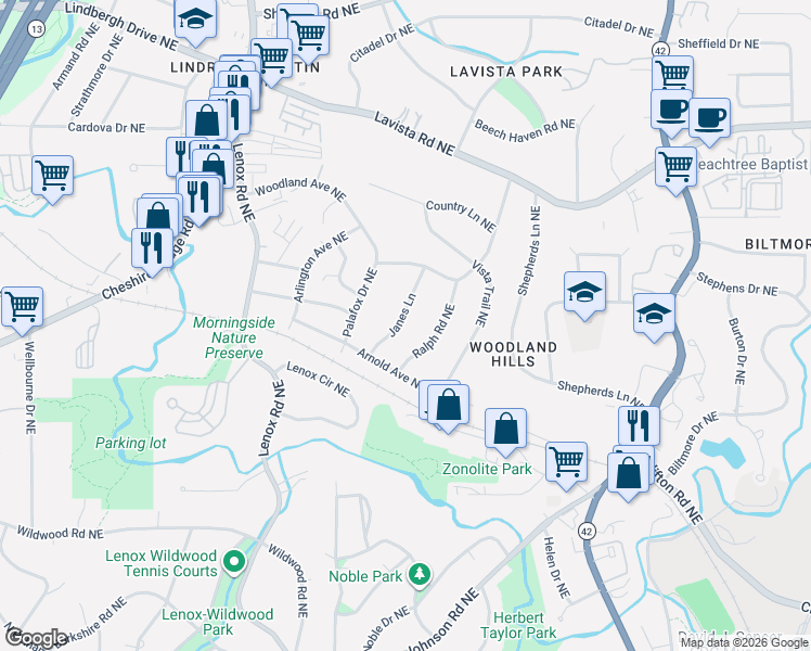map of restaurants, bars, coffee shops, grocery stores, and more near 1099 Janes Lane in Atlanta