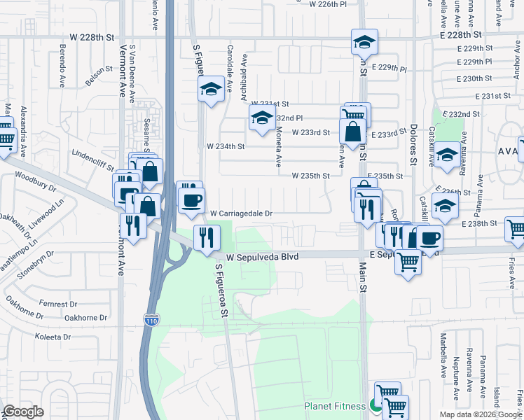 map of restaurants, bars, coffee shops, grocery stores, and more near 23616 Atmore Avenue in Carson