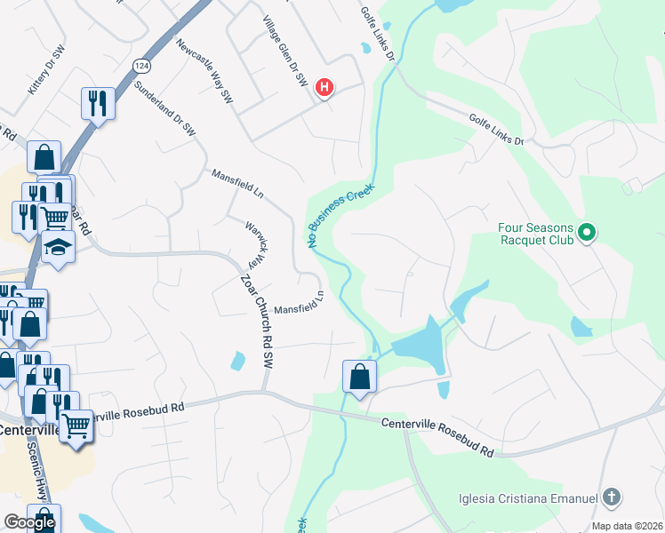 map of restaurants, bars, coffee shops, grocery stores, and more near 3538 Mansfield Lane in Snellville