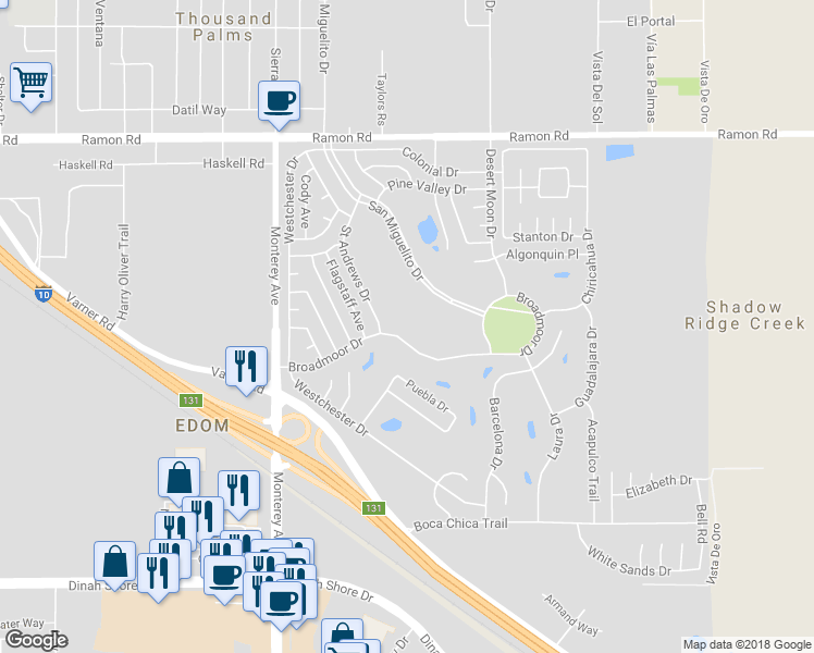 map of restaurants, bars, coffee shops, grocery stores, and more near 73286 Broadmoor Drive in Thousand Palms