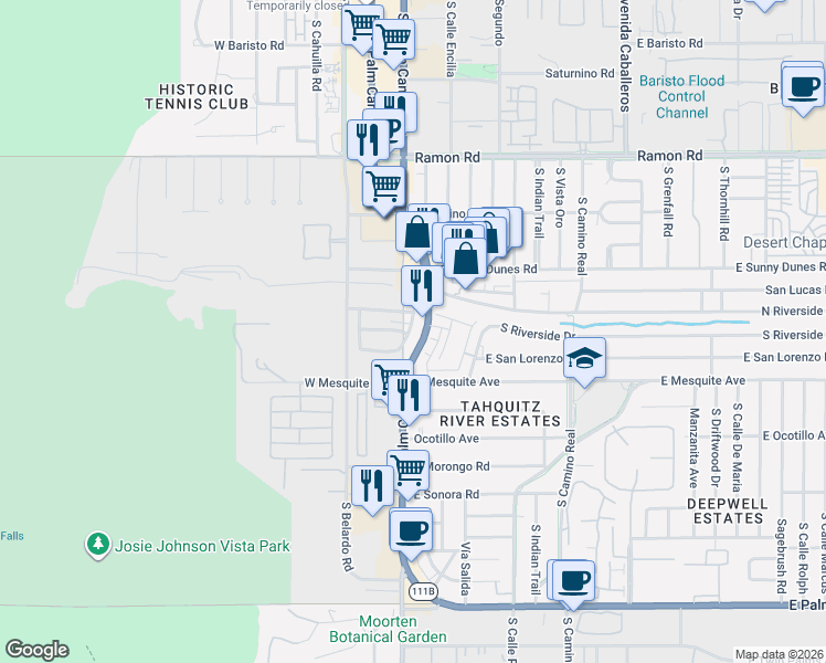 map of restaurants, bars, coffee shops, grocery stores, and more near 750 South Palm Canyon Drive in Palm Springs