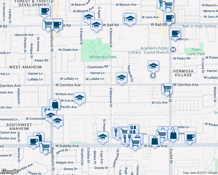 map of restaurants, bars, coffee shops, grocery stores, and more near 1917 West Harle Avenue in Anaheim