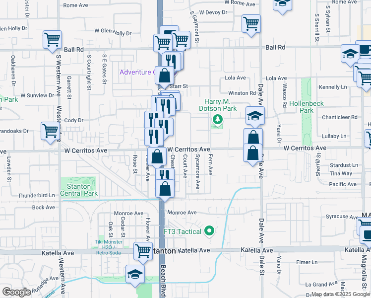 map of restaurants, bars, coffee shops, grocery stores, and more near 8078 West Cerritos Avenue in Stanton