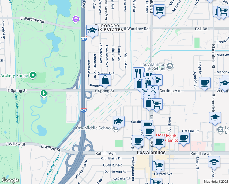 map of restaurants, bars, coffee shops, grocery stores, and more near 2927 Claremore Lane in Long Beach