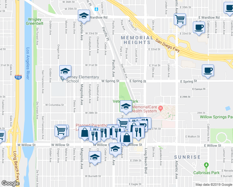 map of restaurants, bars, coffee shops, grocery stores, and more near 2903 Pacific Avenue in Long Beach