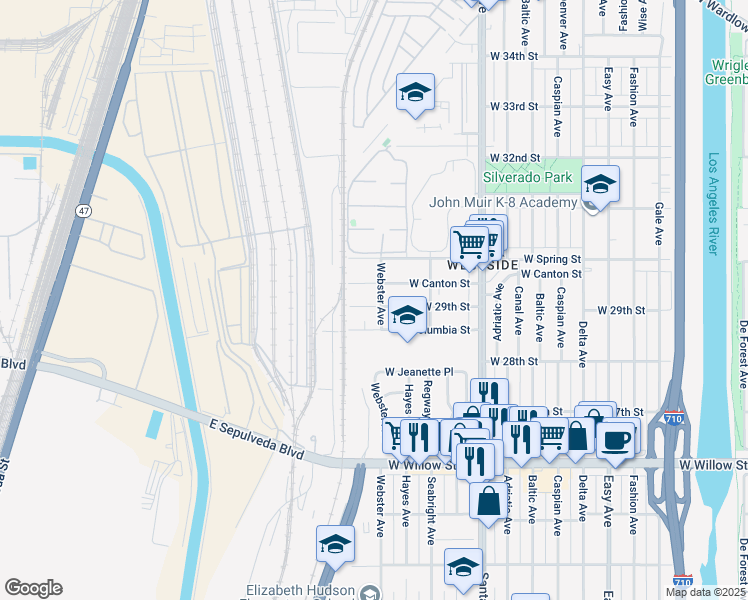 map of restaurants, bars, coffee shops, grocery stores, and more near 2031 West 29th Street in Long Beach