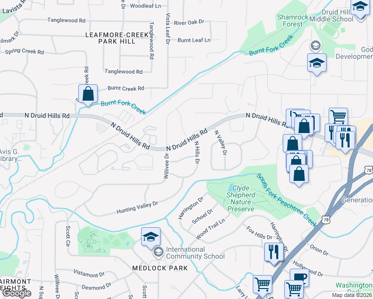 map of restaurants, bars, coffee shops, grocery stores, and more near 2482 Ridgefield Terrace in Decatur