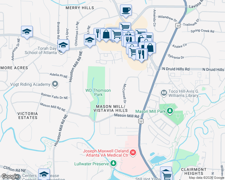 map of restaurants, bars, coffee shops, grocery stores, and more near 1074 Vistavia Circle in Decatur