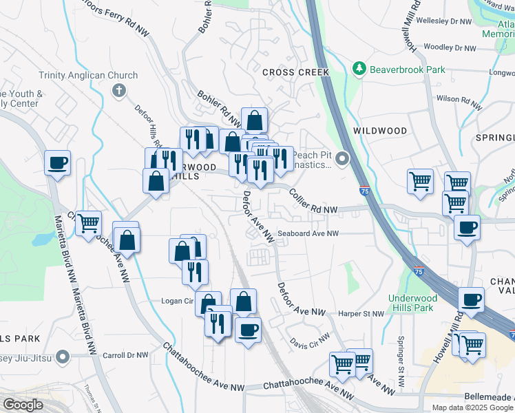 map of restaurants, bars, coffee shops, grocery stores, and more near 1999 Defoor Avenue Northwest in Atlanta
