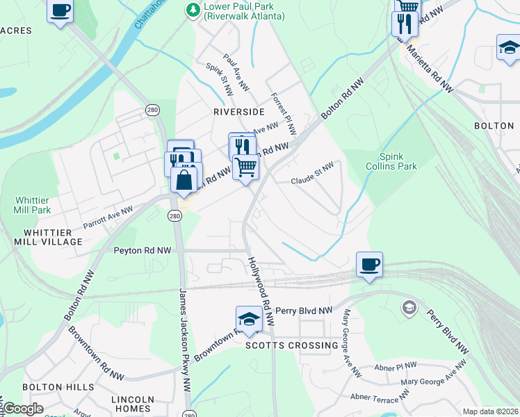 map of restaurants, bars, coffee shops, grocery stores, and more near 1994 Main Street Northwest in Atlanta