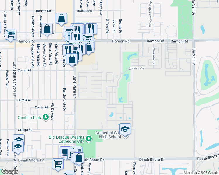 map of restaurants, bars, coffee shops, grocery stores, and more near 69411 Ramon Road in Cathedral City