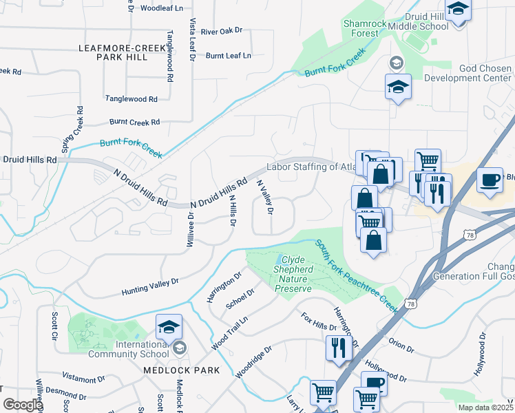 map of restaurants, bars, coffee shops, grocery stores, and more near 1064 North Valley Drive in Decatur