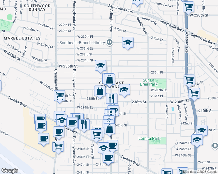 map of restaurants, bars, coffee shops, grocery stores, and more near 2209 West 237th Street in Torrance