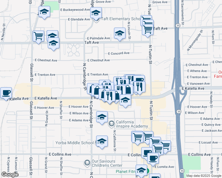 map of restaurants, bars, coffee shops, grocery stores, and more near 1220 East Carleton Avenue in Orange