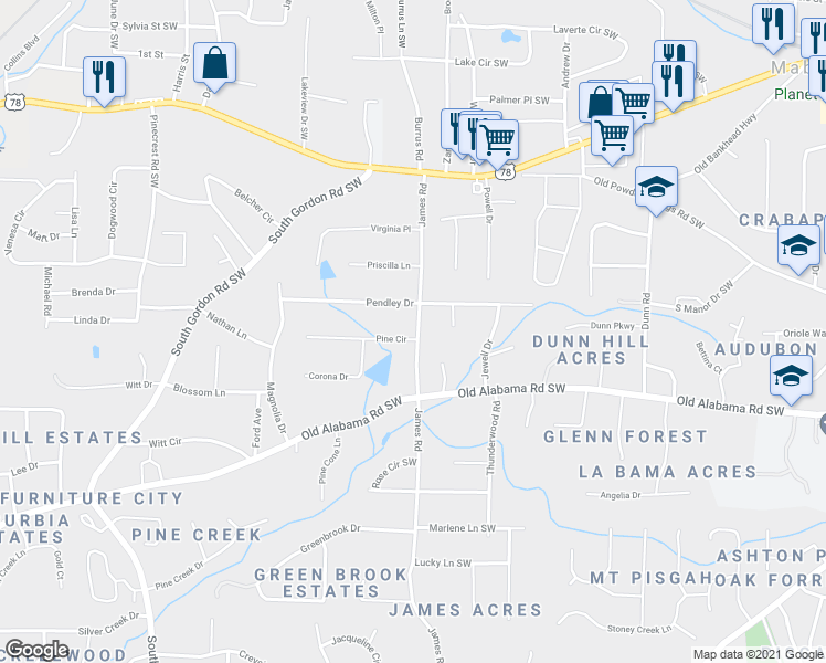 map of restaurants, bars, coffee shops, grocery stores, and more near 1502 Pine Circle in Austell