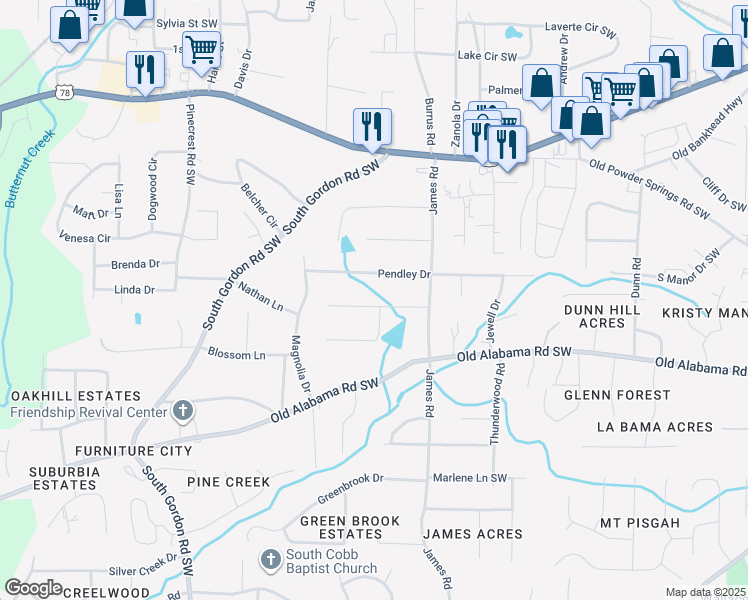 map of restaurants, bars, coffee shops, grocery stores, and more near 1582 Pine Circle in Austell