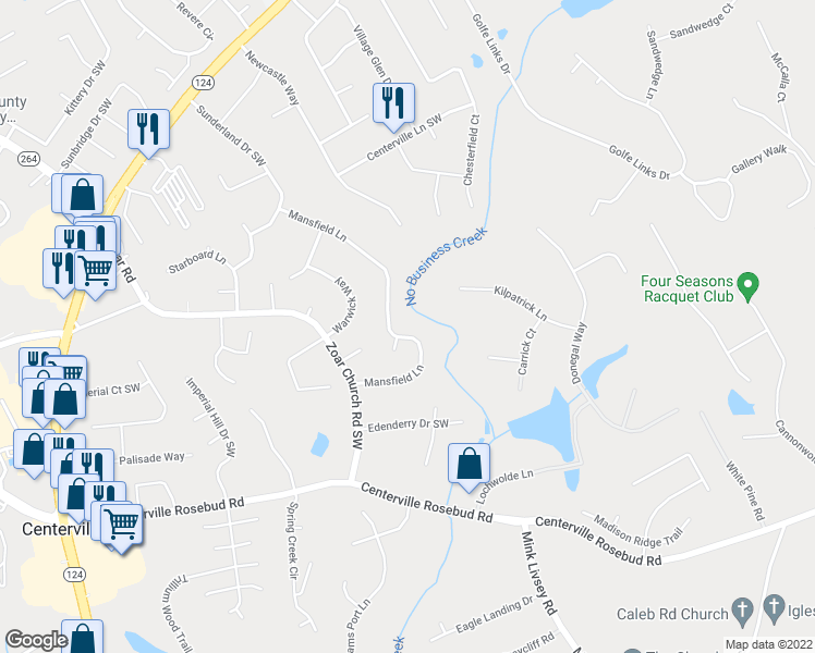 map of restaurants, bars, coffee shops, grocery stores, and more near 3518 Mansfield Lane in Snellville