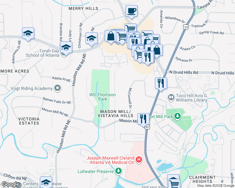 map of restaurants, bars, coffee shops, grocery stores, and more near 1074 Vistavia Circle in Decatur