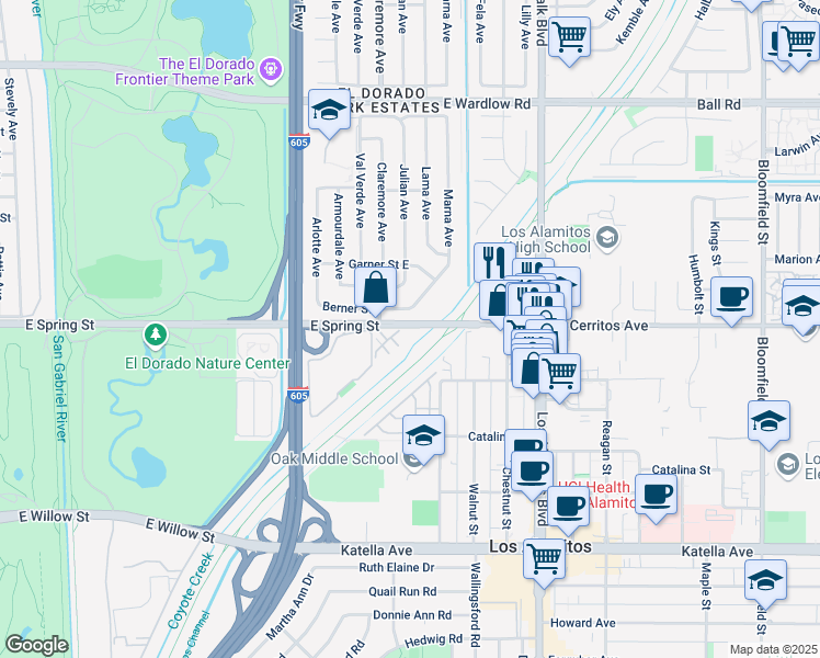map of restaurants, bars, coffee shops, grocery stores, and more near 2948 Claremore Lane in Long Beach