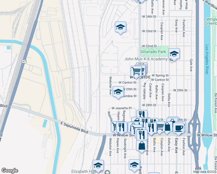 map of restaurants, bars, coffee shops, grocery stores, and more near 2031 West 29th Street in Long Beach