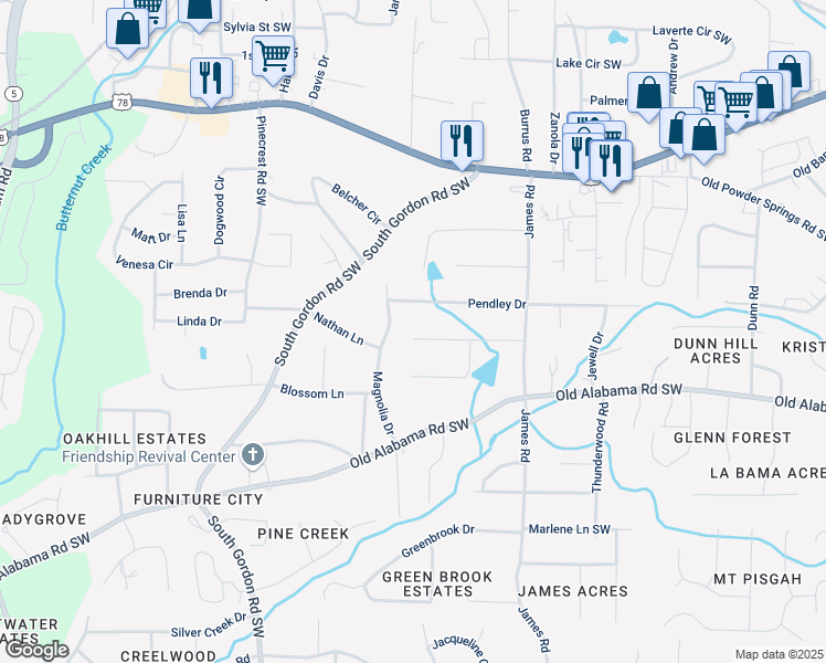 map of restaurants, bars, coffee shops, grocery stores, and more near 1652 Pine Circle in Austell