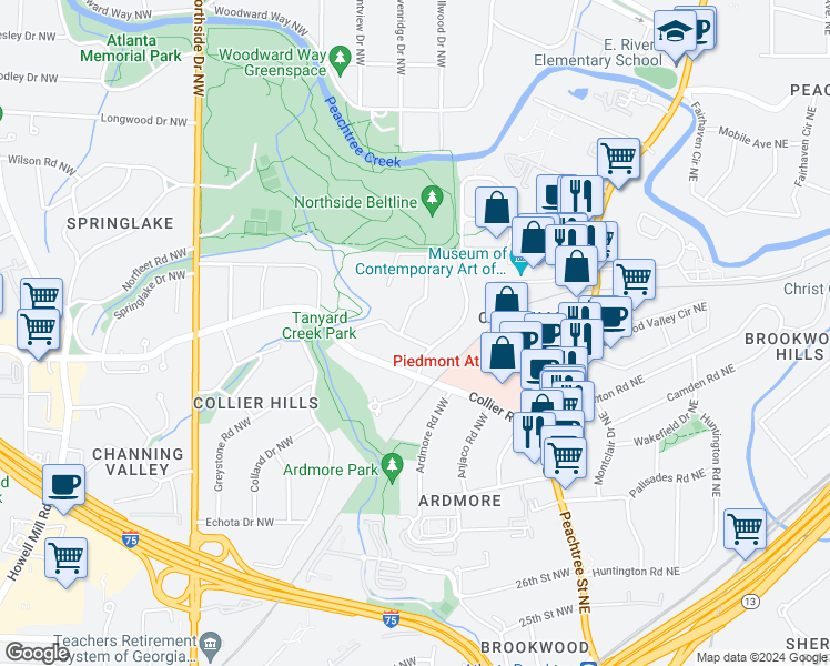 map of restaurants, bars, coffee shops, grocery stores, and more near 349 Redland Road Northwest in Atlanta