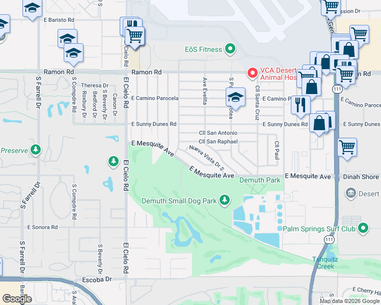 map of restaurants, bars, coffee shops, grocery stores, and more near 826 Arroyo Vista Drive in Palm Springs