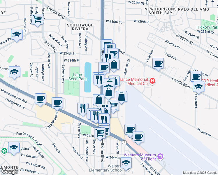 map of restaurants, bars, coffee shops, grocery stores, and more near 23670 Hawthorne Boulevard in Torrance