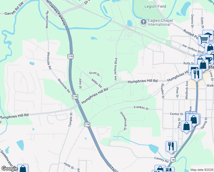 map of restaurants, bars, coffee shops, grocery stores, and more near 3212 Humphries Hill Road in Austell