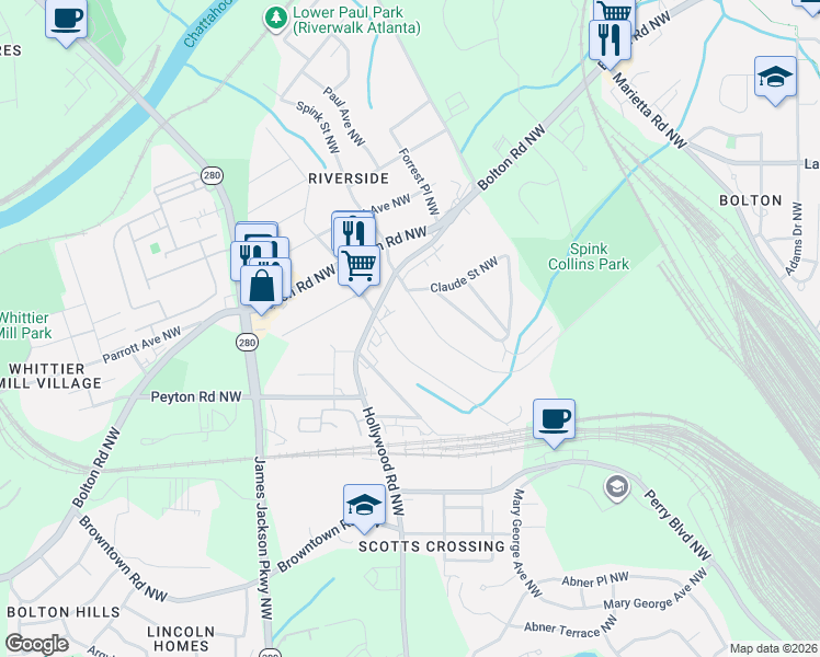 map of restaurants, bars, coffee shops, grocery stores, and more near 2002 Spink Street Northwest in Atlanta