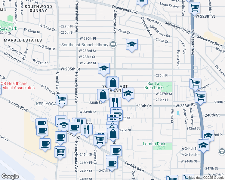 map of restaurants, bars, coffee shops, grocery stores, and more near 2209 West 237th Street in Torrance