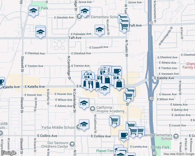 map of restaurants, bars, coffee shops, grocery stores, and more near 1304 East Carleton Avenue in Orange